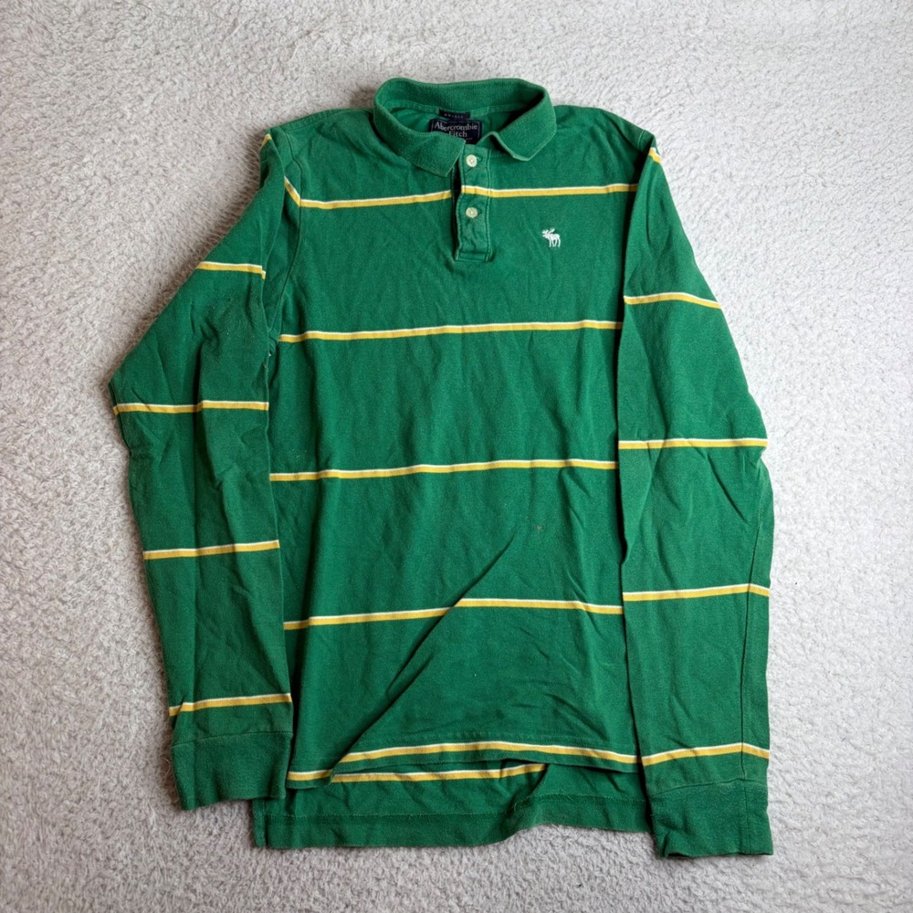 Abercrombie & Fitch Y2K Mens Green Striped Long Sleeve Muscle Rugby Polo Shirt M